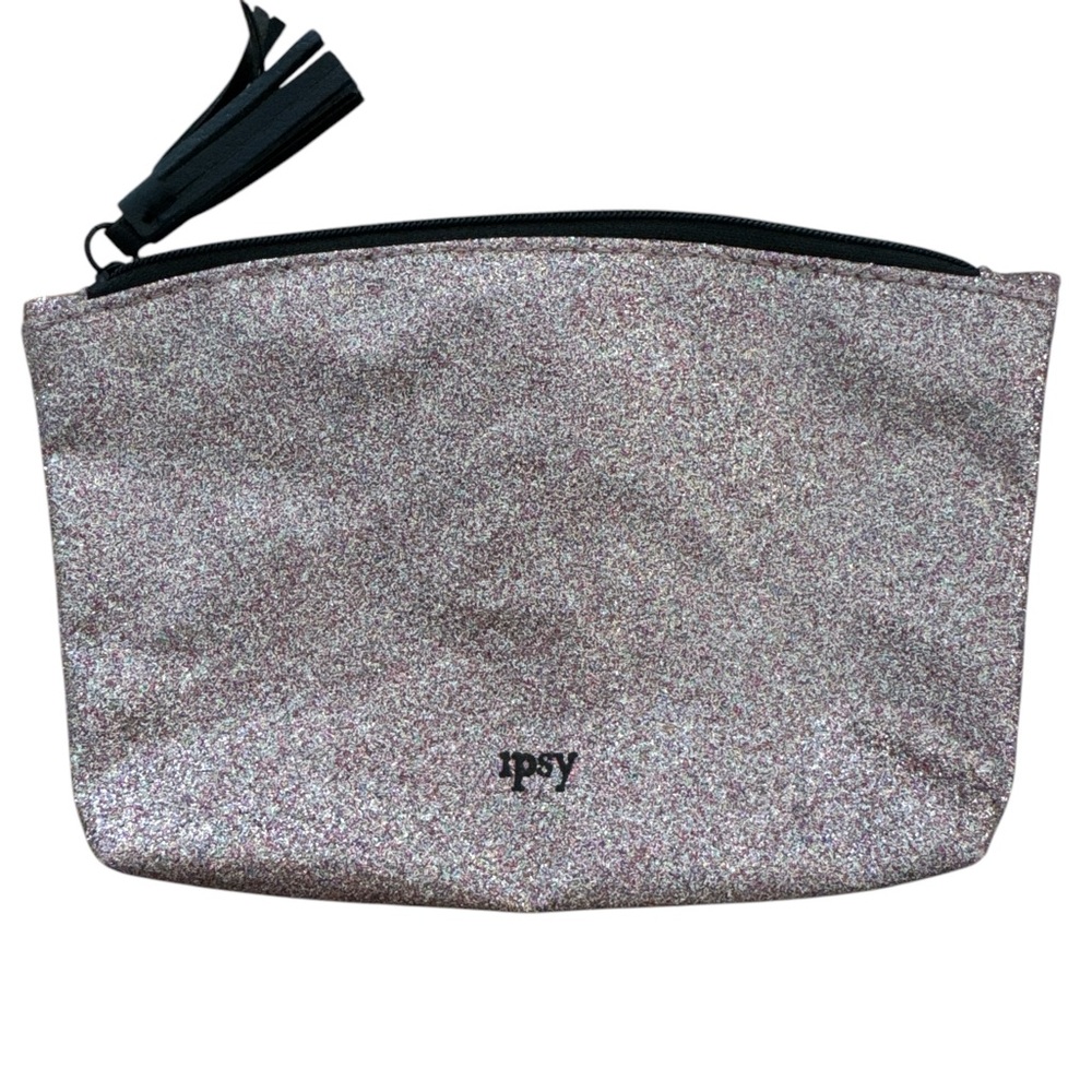 Ipsy Pink Silver Glitter Glam Cosmetic Bag Black Tassle